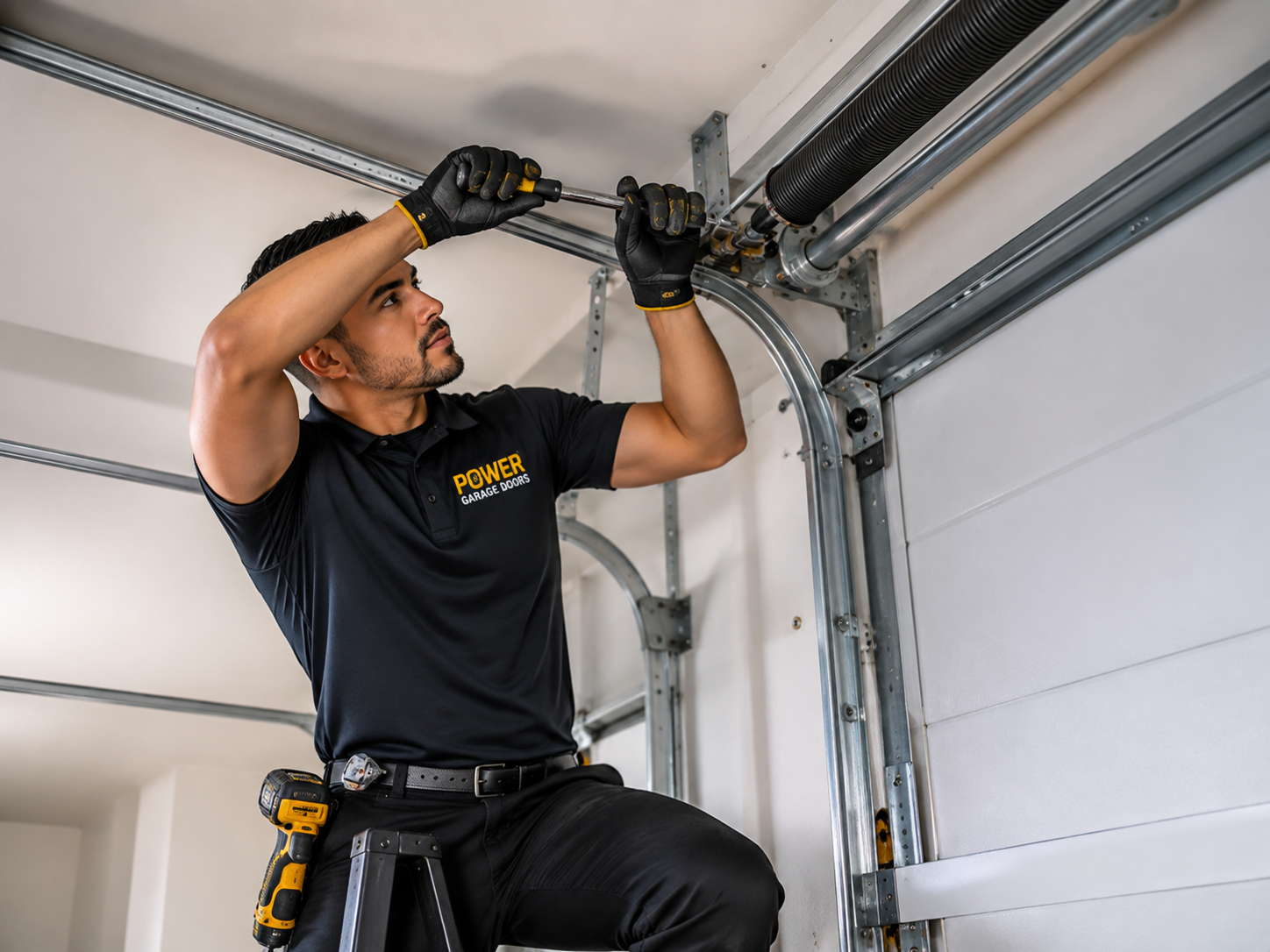 Technician repairing a garage door