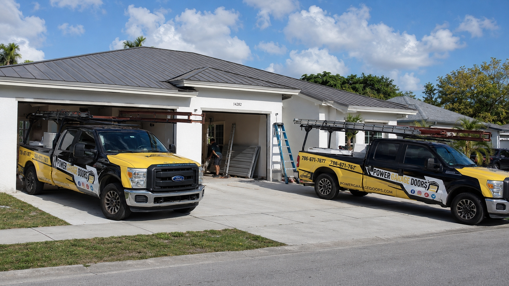 Modern home with two-tone garage doors