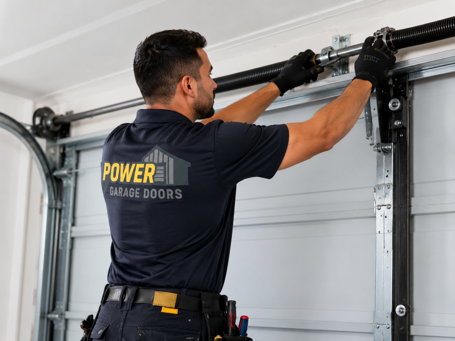 Technician repairing a garage door