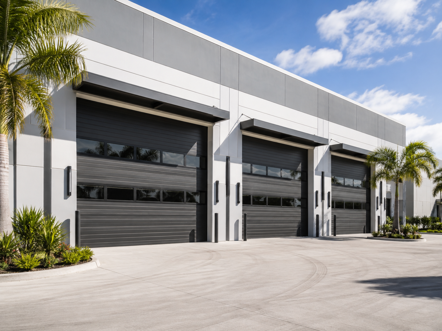 Modern home with two-tone garage doors