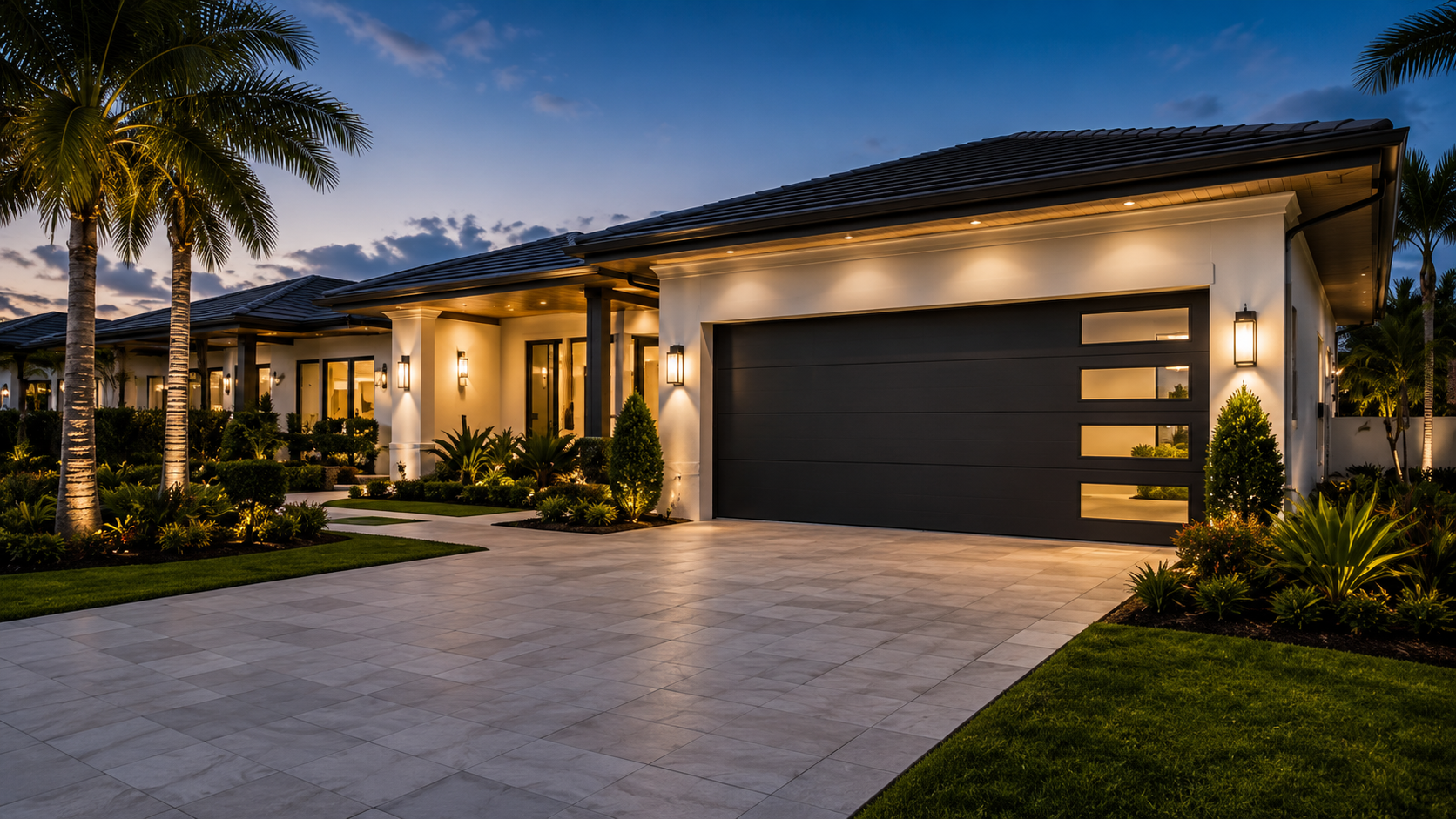 Modern home with two-tone garage doors