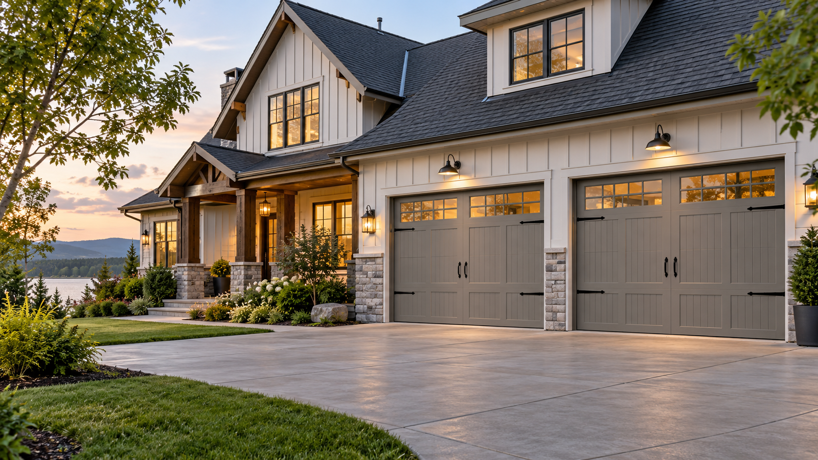 ChatGPT Image Sep 9, 2026, 02_12_10 PM Gray carriage-house garage doors on a farmhouse