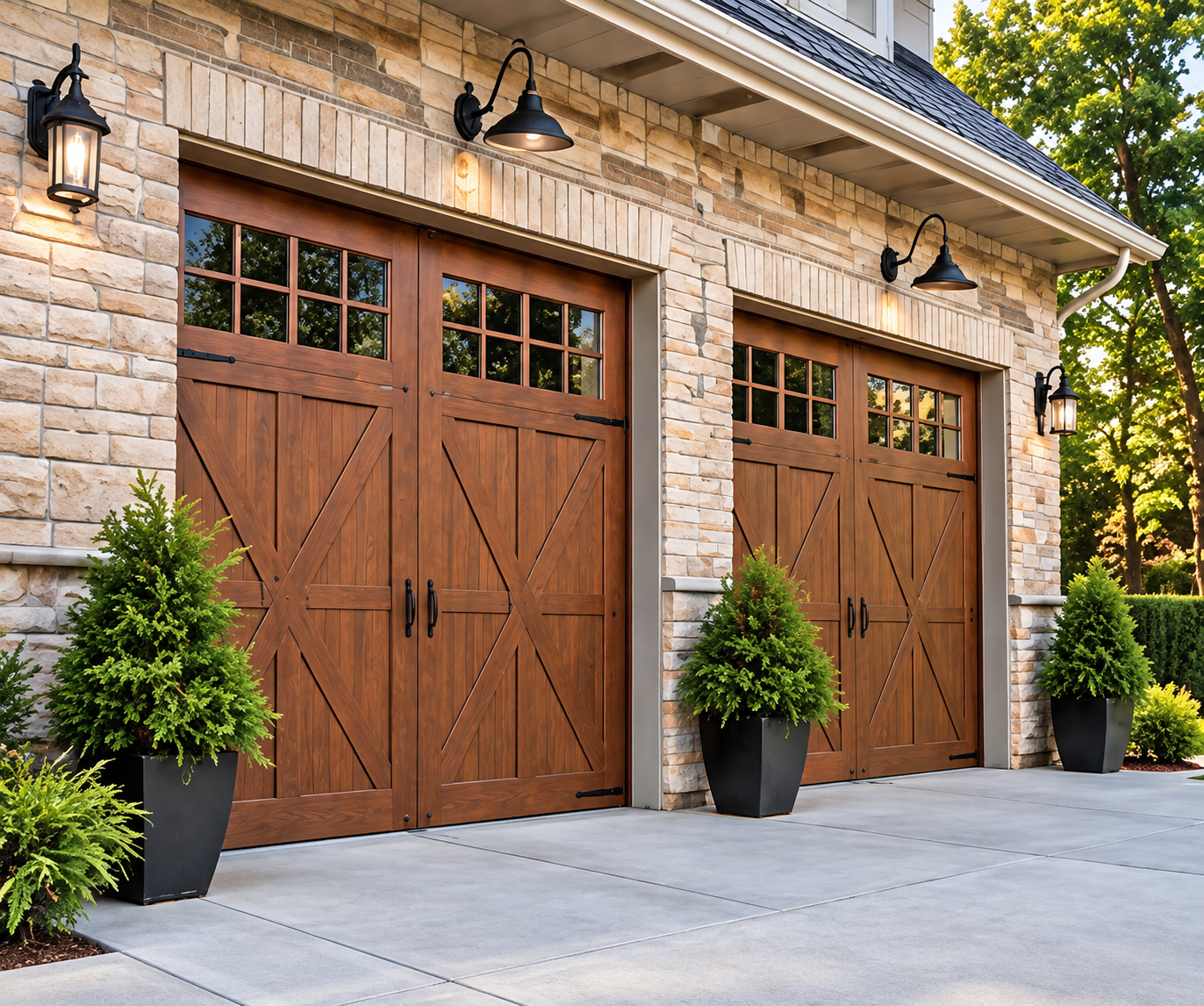 ChatGPT Image Sep 9, 2026, 08_55_46 PM Faux wood Canyon Ridge carriage-house garage doors