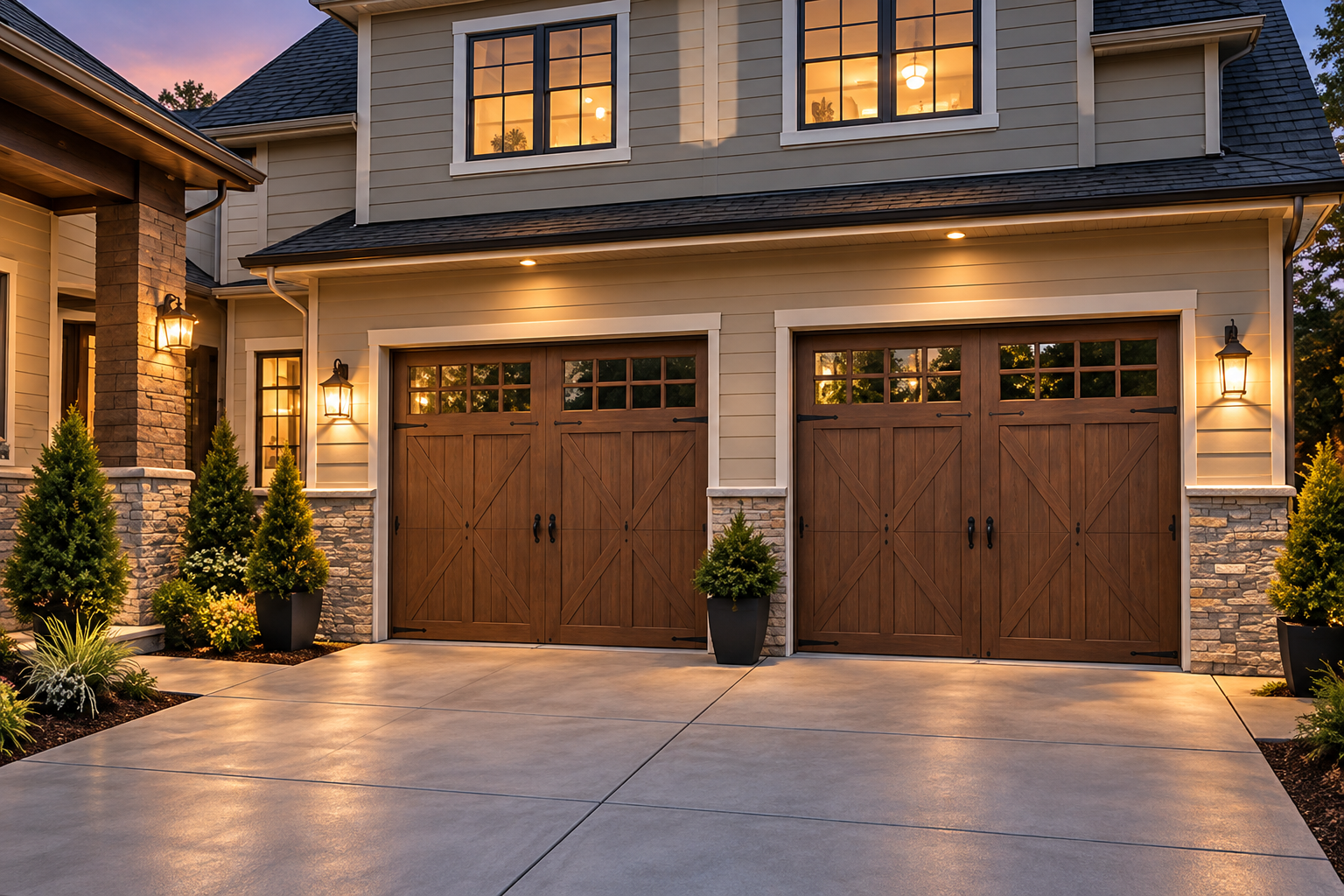 ChatGPT Image Sep 9, 2026, 09_03_59 PM Wood-look carriage-house garage doors on a two-story home
